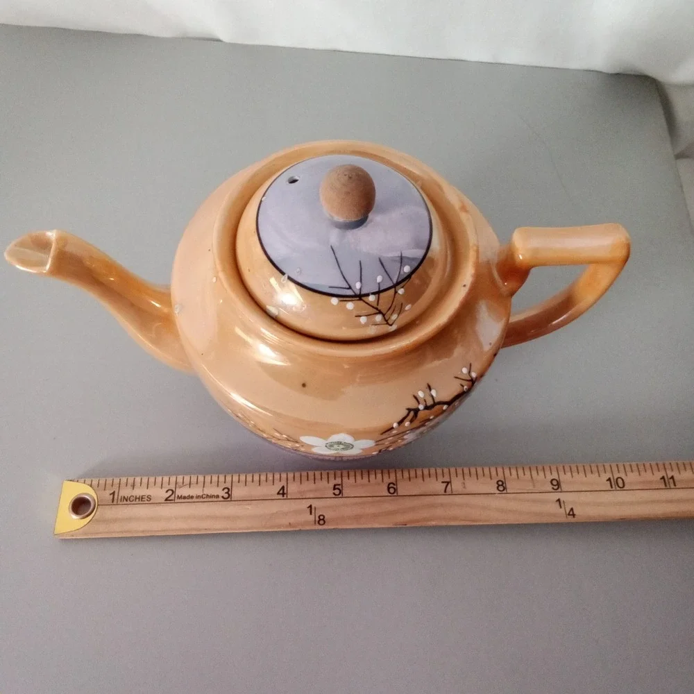 Vintage Lusterware Teapot Cherry Blossom Peach Lavender Made in Japan MCM Floral